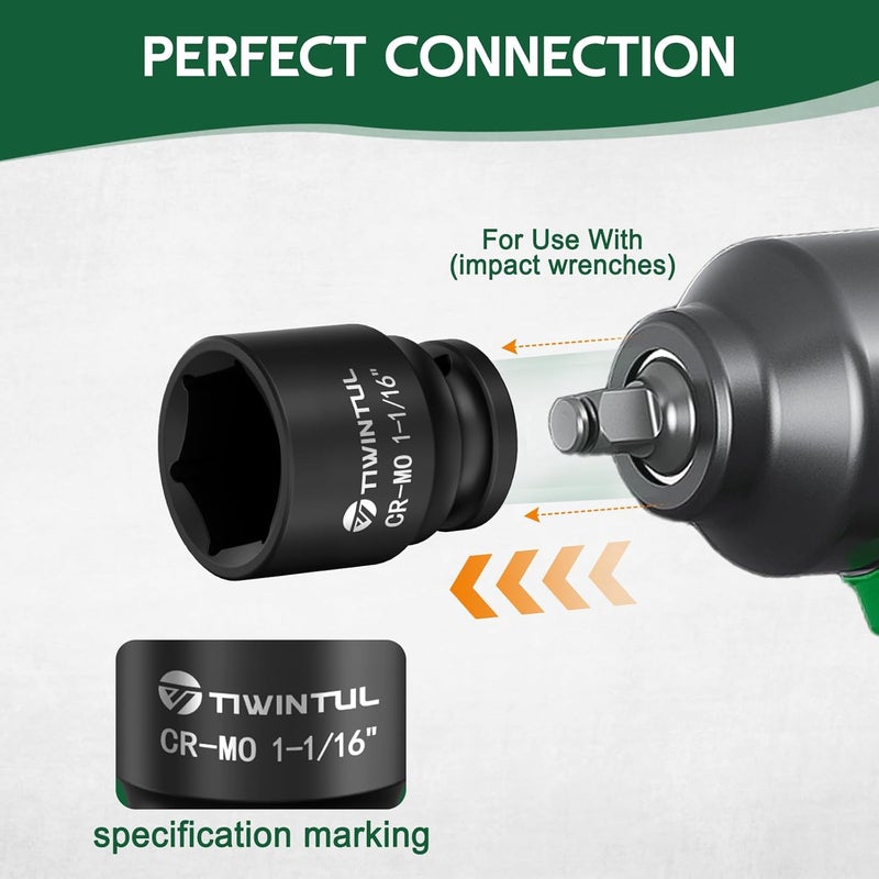 TIWINTUL 1-1/16" Impact Socket 1/2 Inch Drive, Heat-Treated Chromium-Molybdenum Steel Impact Socket, 6 Point Design, ANSI Standards, SAE, Axle Nut Socket for Automotive Truck and Machinery Maintenance - Image 5